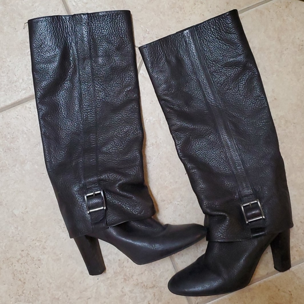 Zara Black Leather Knee High Boots w/ Heel, Size 8